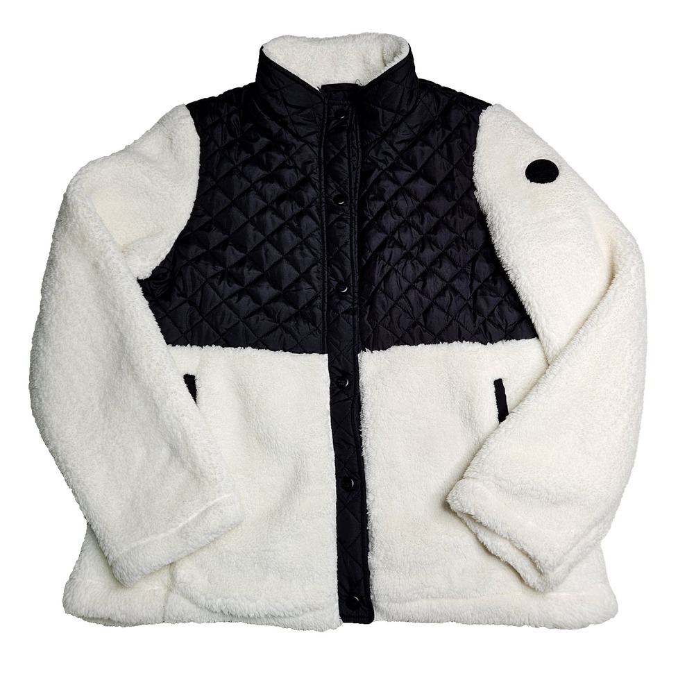 Steve Madden Womens White Sherpa Black Quilted Jacket XL High Pile Fleece Pocket